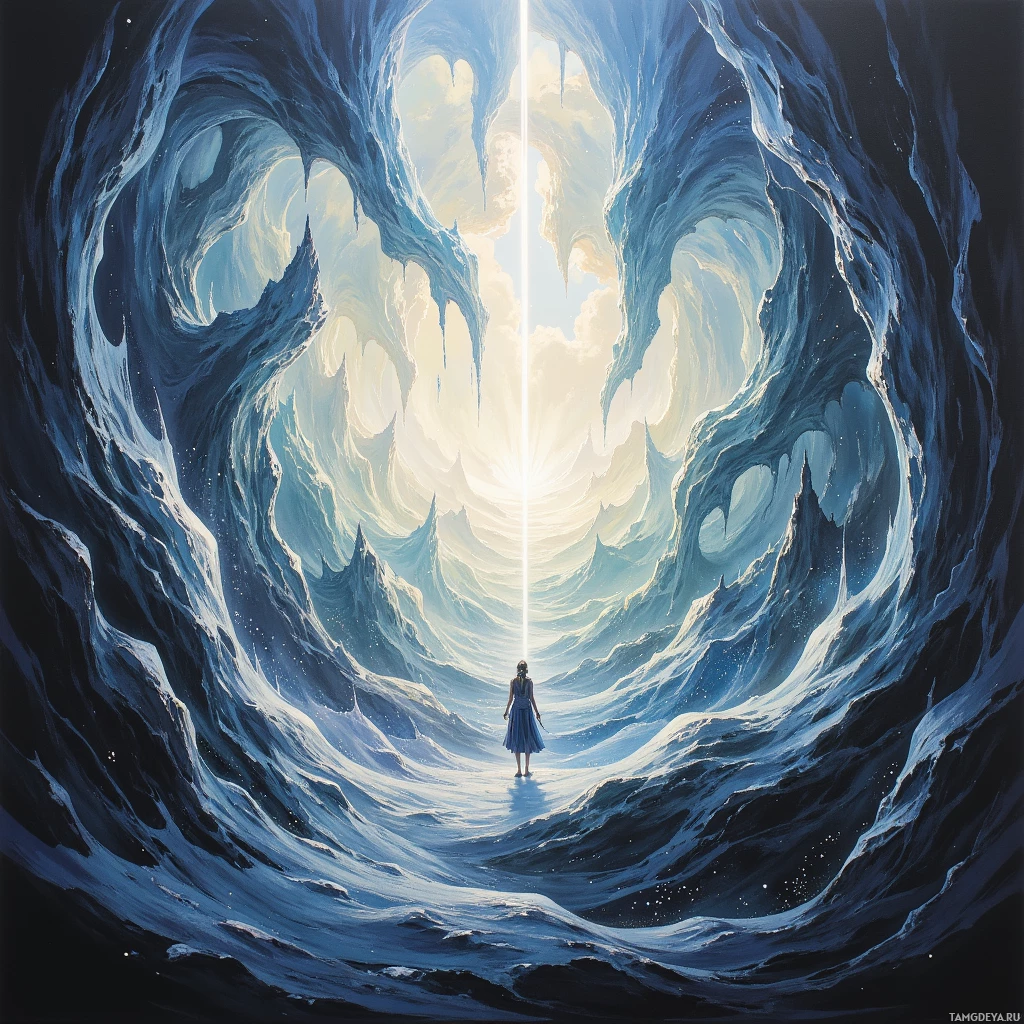 A lone figure stands at the entrance of a vast, ethereal cave illuminated by a bright light at the end.