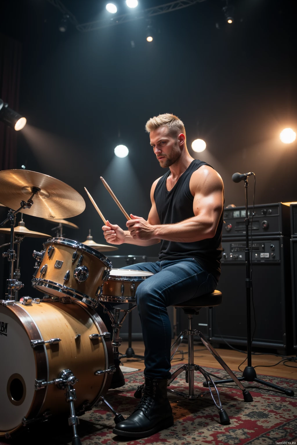 A muscular man plays drums on stage under spotlight.