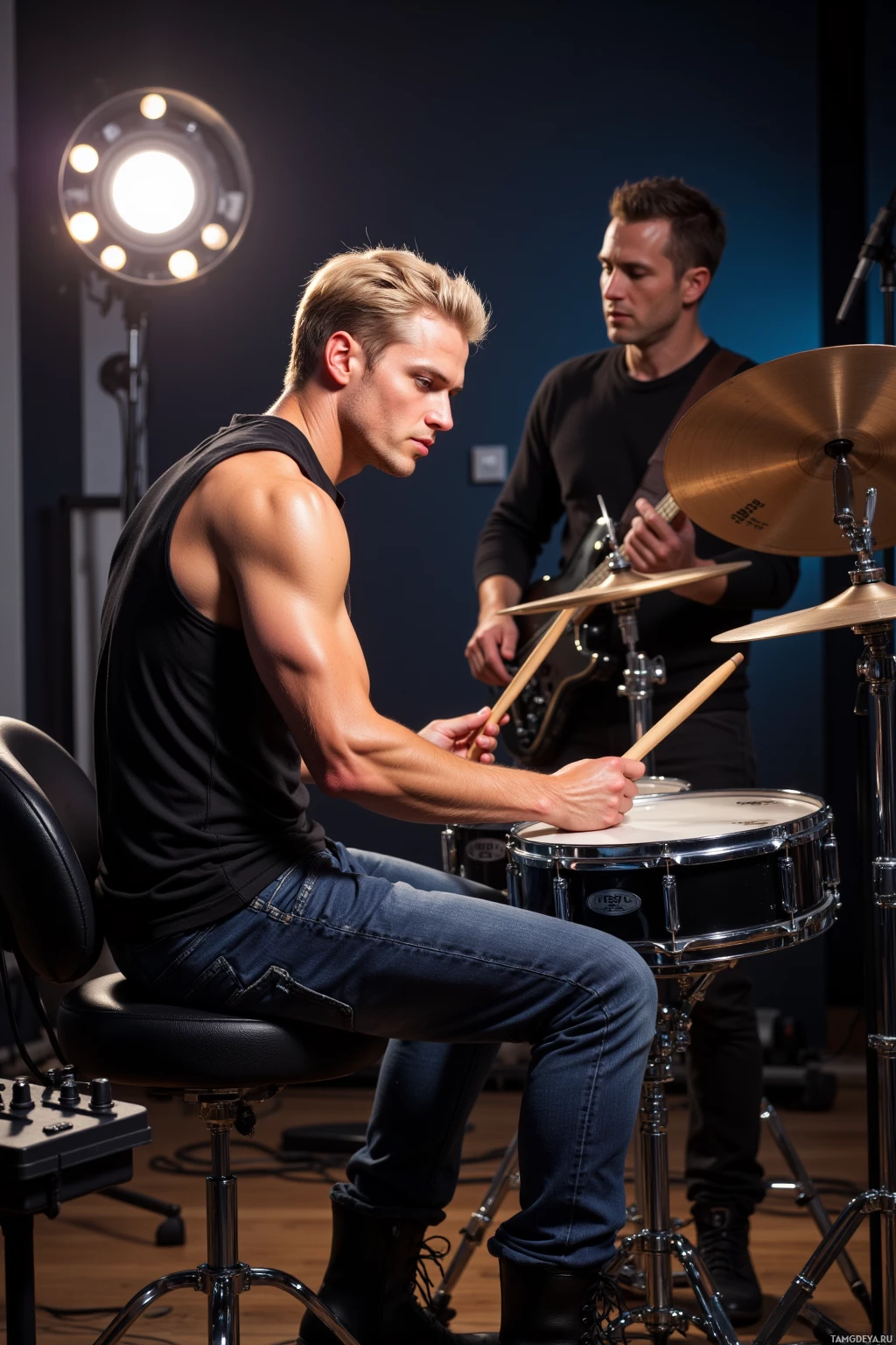A muscular man plays drums while another person plays guitar in a dimly lit studio.