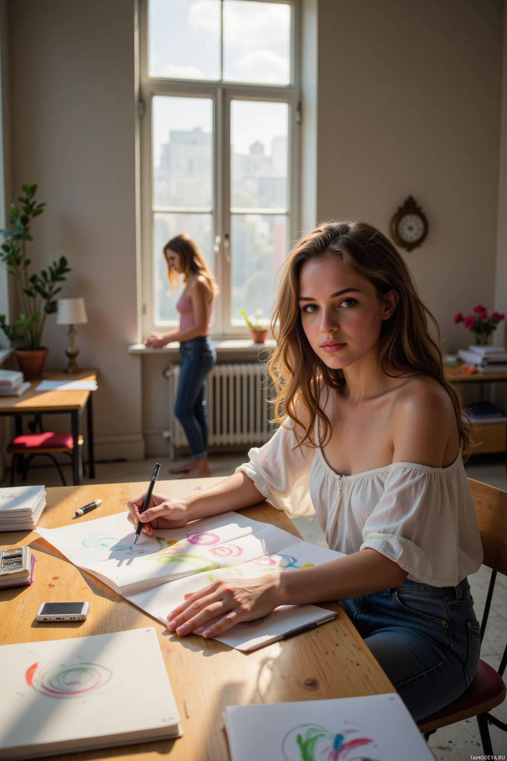 A woman sits at a desk, drawing with a pen, while another person stands by the window in a bright, airy room.