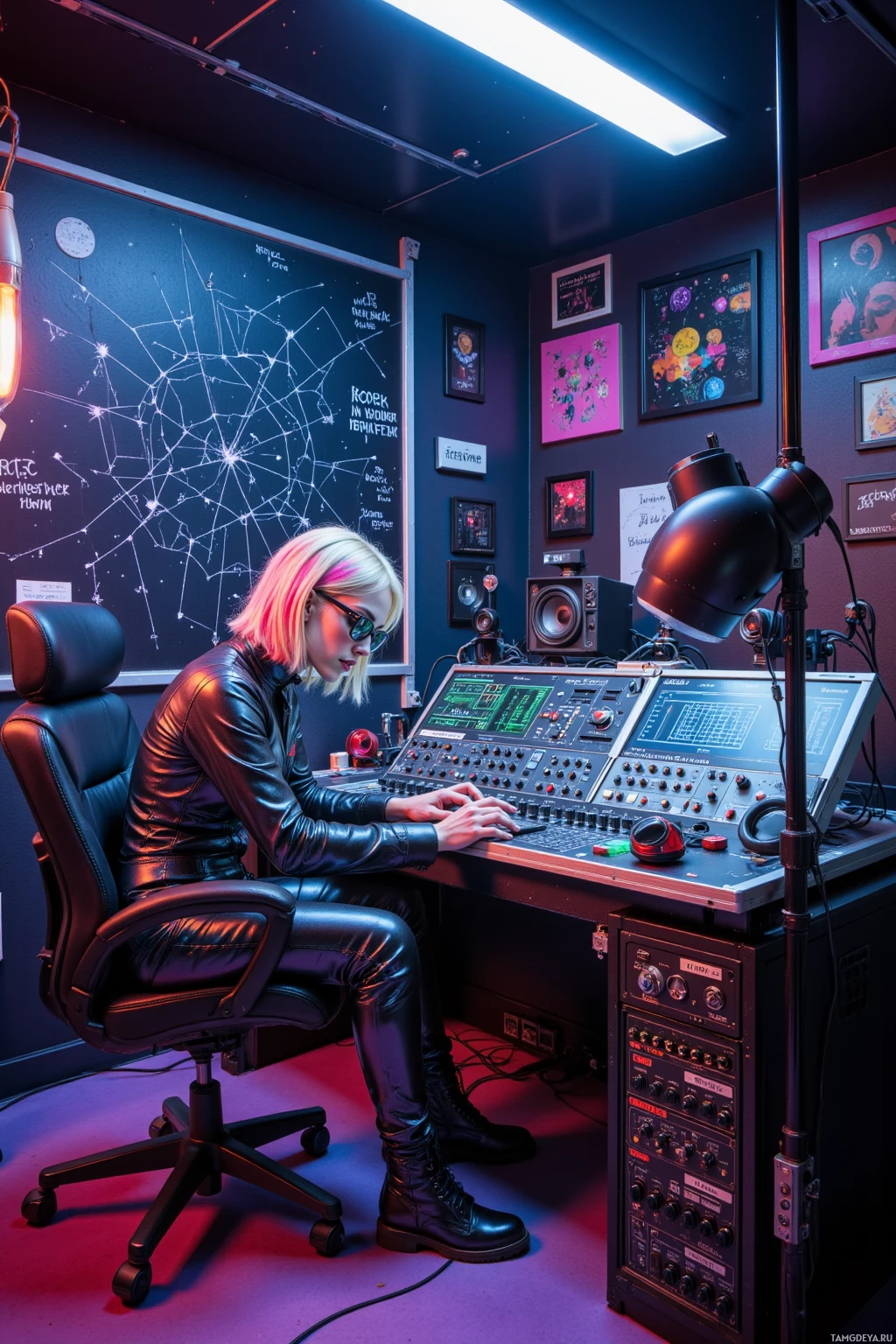 A person in a leather outfit works at a control panel in a dimly lit room with neon lighting.