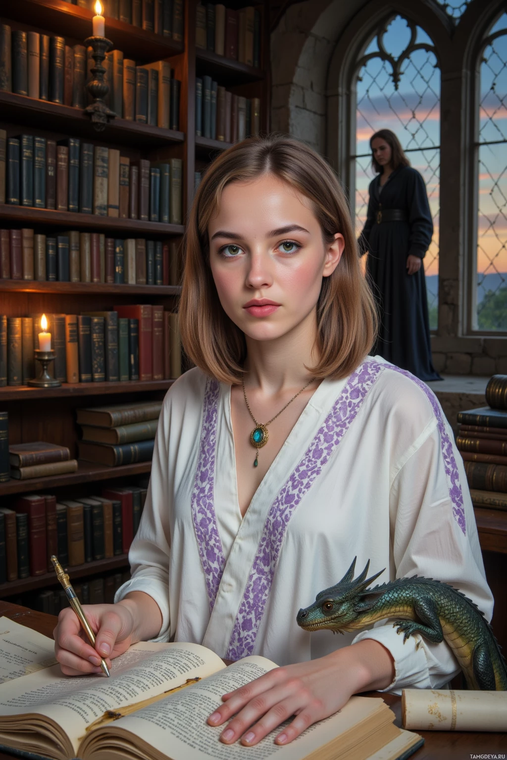 A woman in a library setting, writing in a book with a dragon perched on the table.