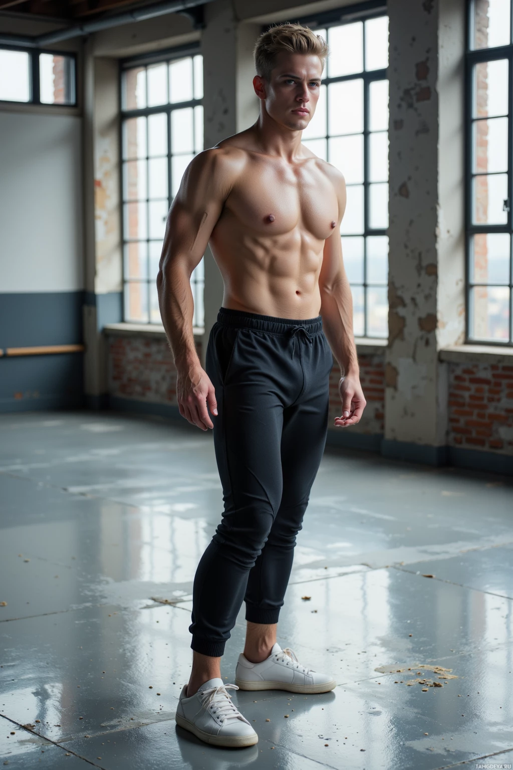 A muscular man stands shirtless in a spacious room with large windows.