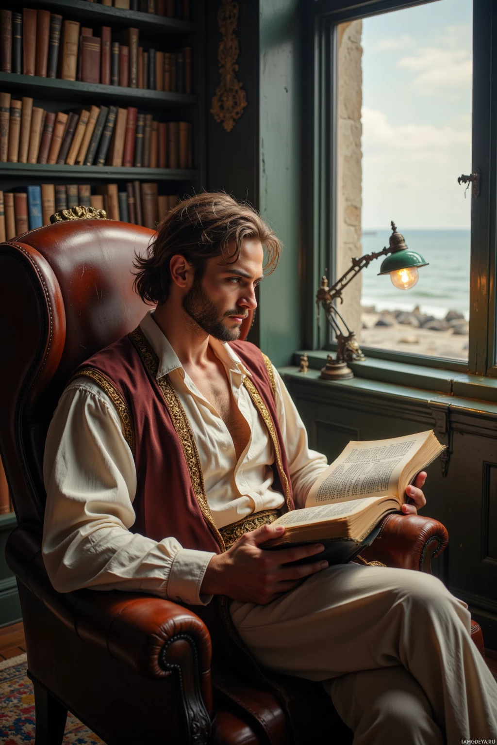 A man in a vintage-style outfit sits in a leather armchair by a window, reading a book.