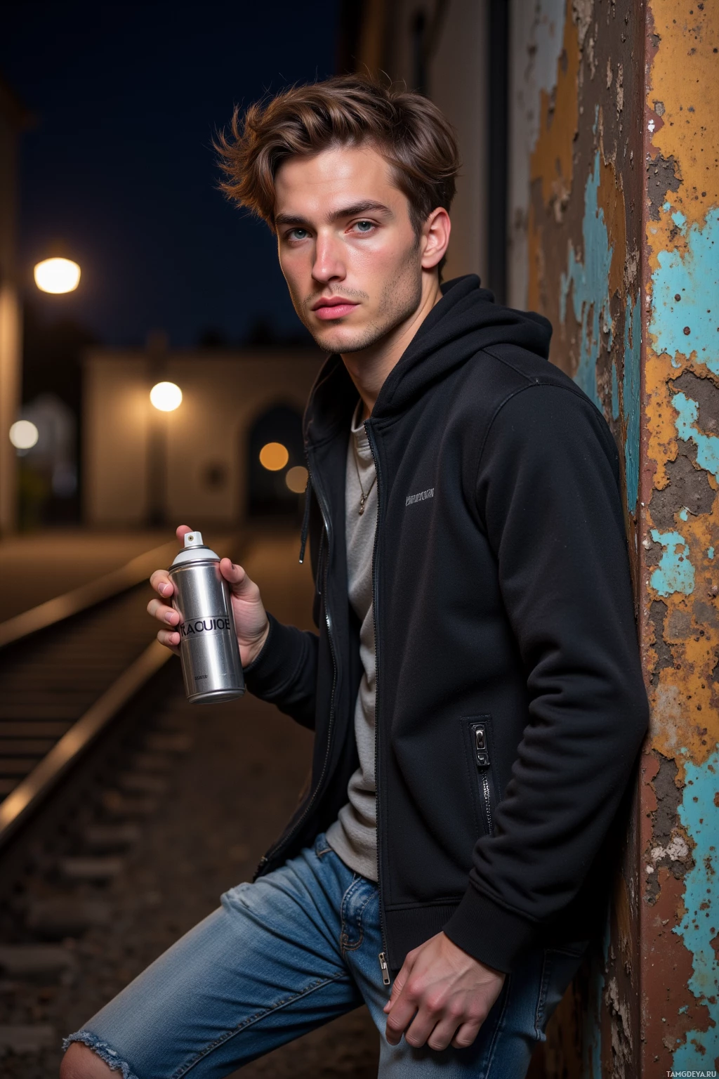 A young man in a hoodie and jeans leans against a weathered wall, holding a spray can.