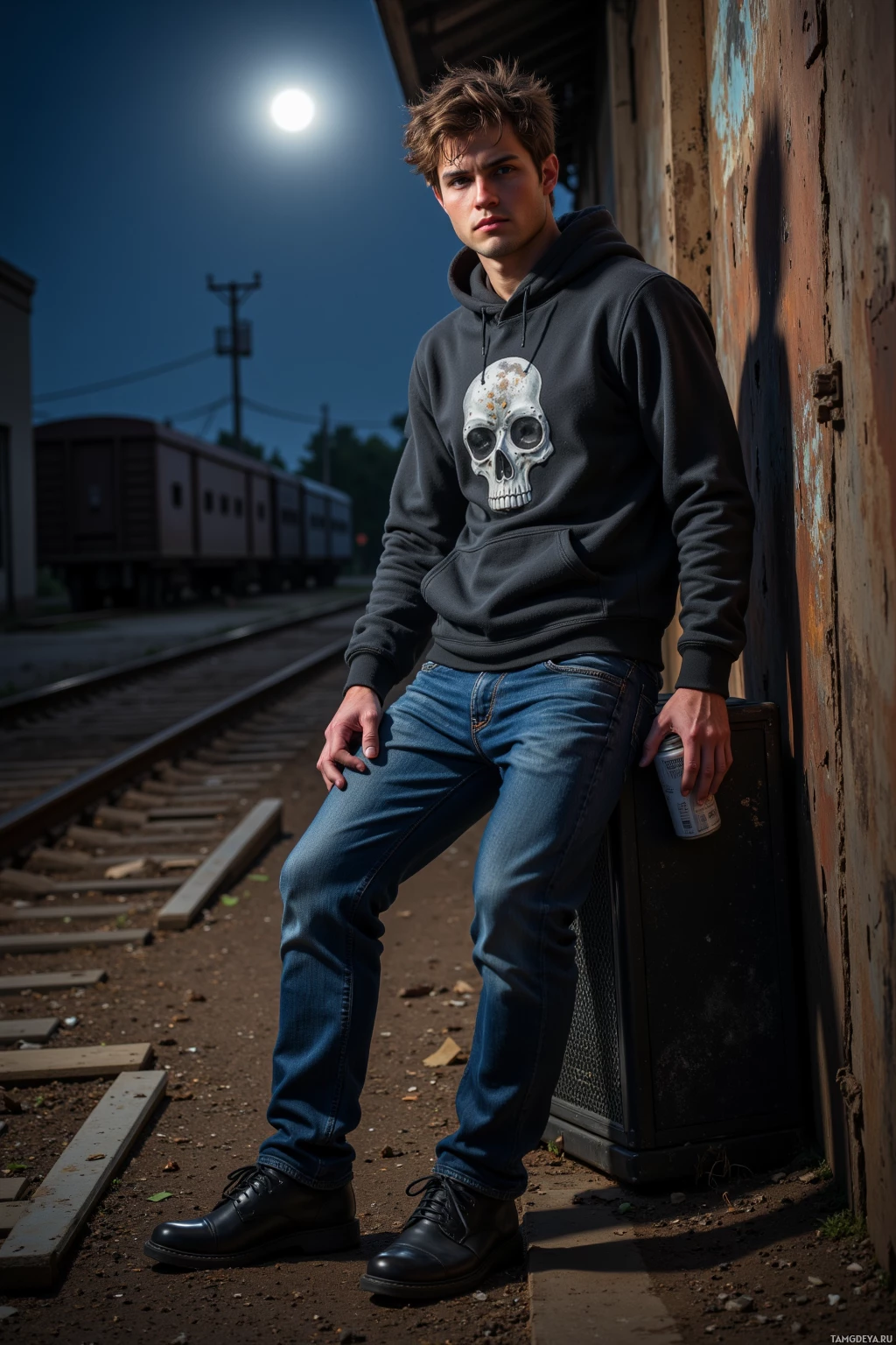 A person stands near a train track at night, wearing a hoodie with a skull design and jeans.