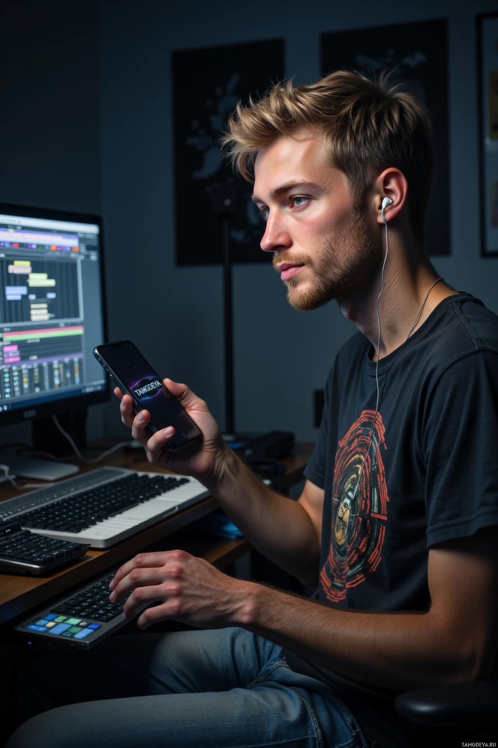 A person is sitting at a desk, using a computer and holding a smartphone.