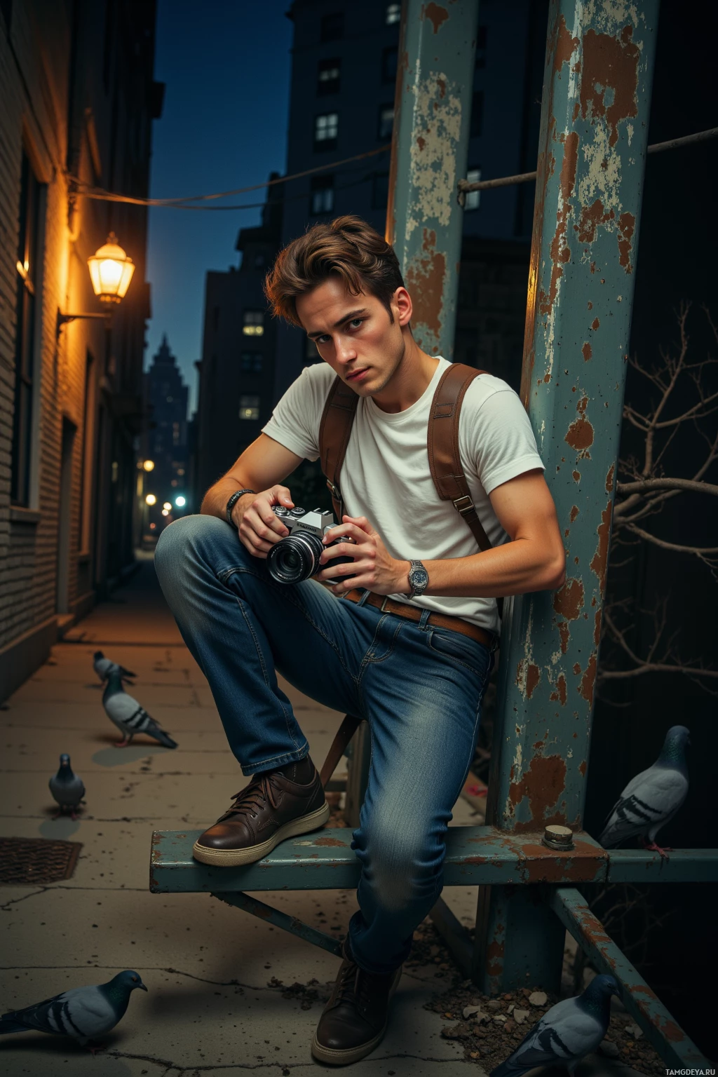 A young man sits on a bench in an alleyway, holding a camera, with pigeons nearby.