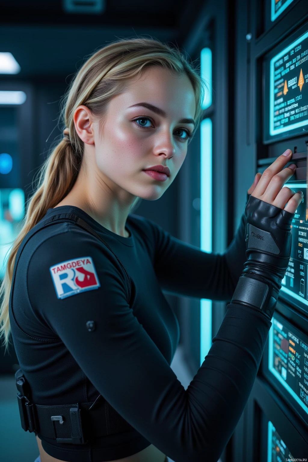 A woman in a futuristic outfit interacts with a high-tech interface.