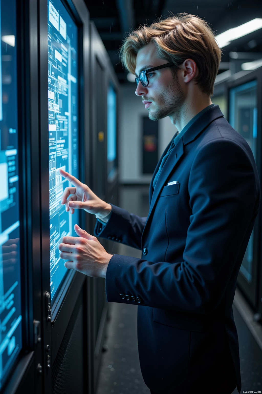 A man in a suit interacts with a large digital display in a modern setting.