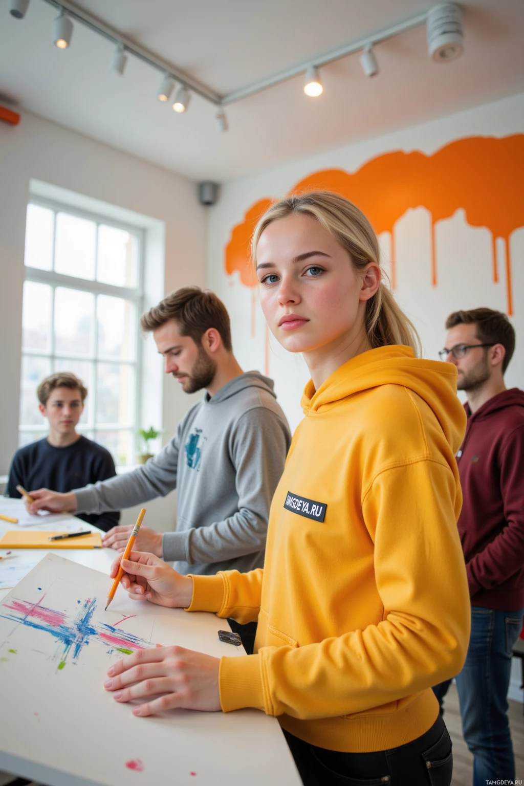 A group of people is engaged in a creative activity, with one person in a yellow hoodie holding a pencil.