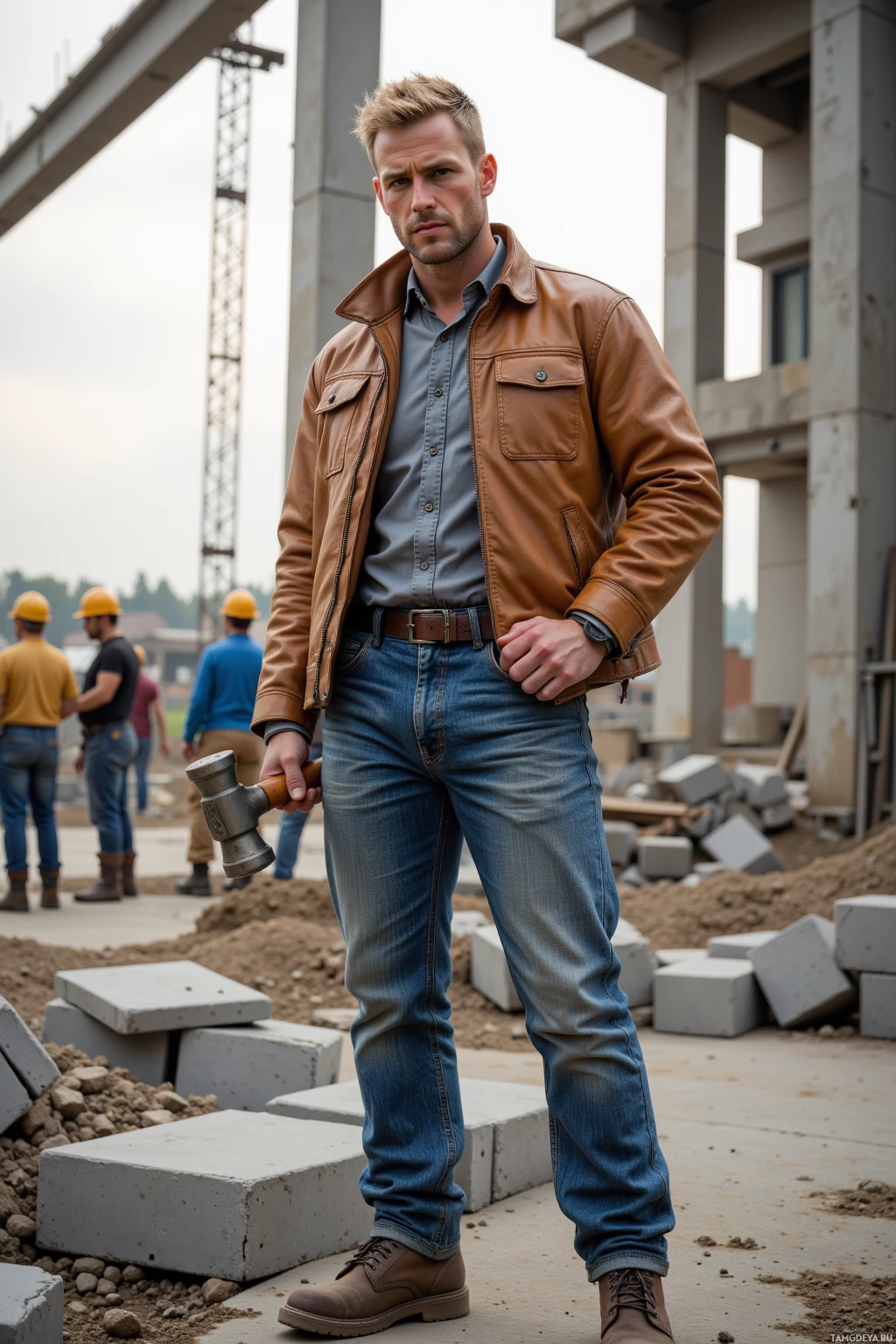 A man in a brown leather jacket and jeans stands on a construction site holding a hammer.