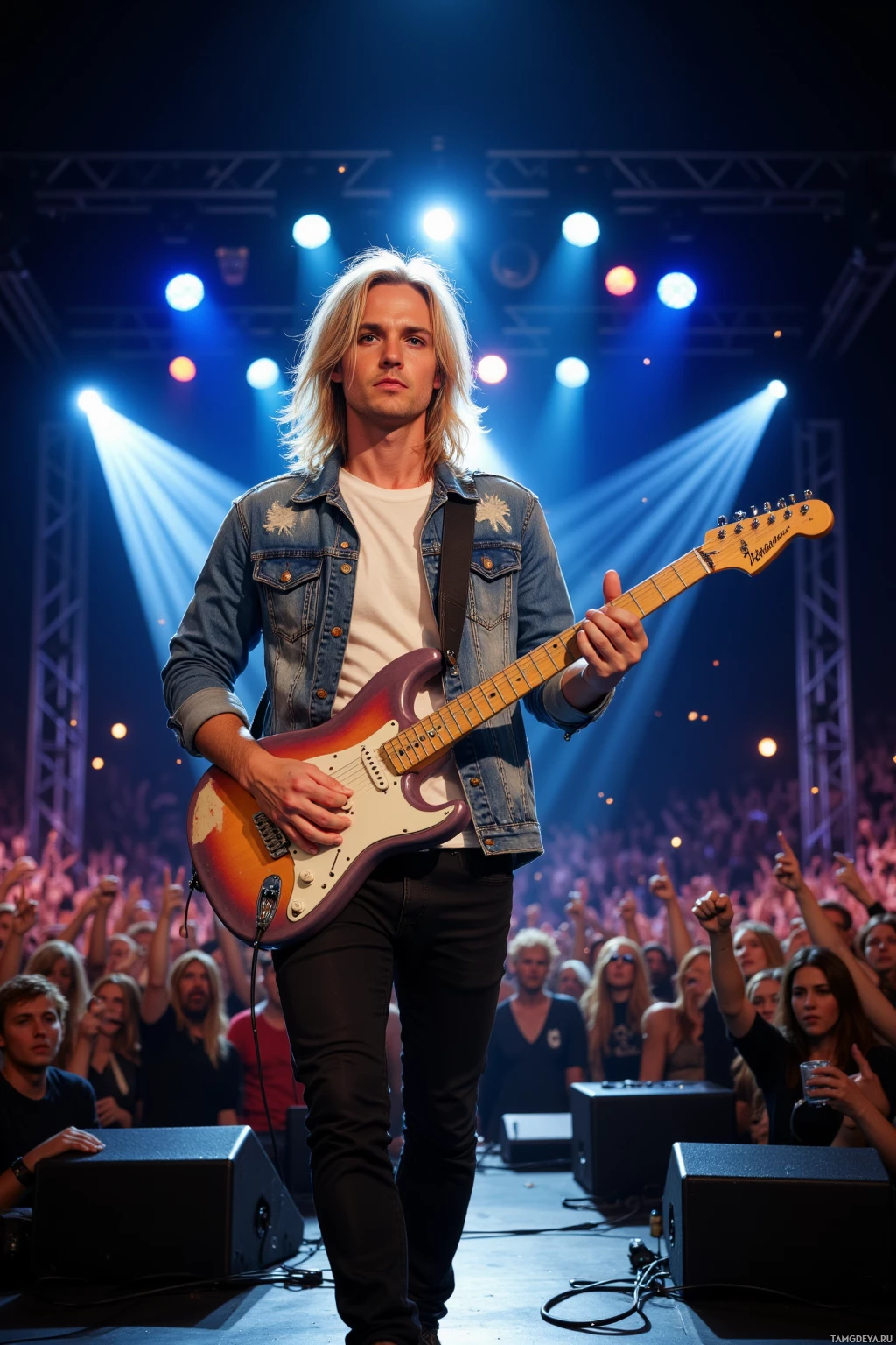 A musician plays a guitar on stage under bright stage lights with an audience in the background.