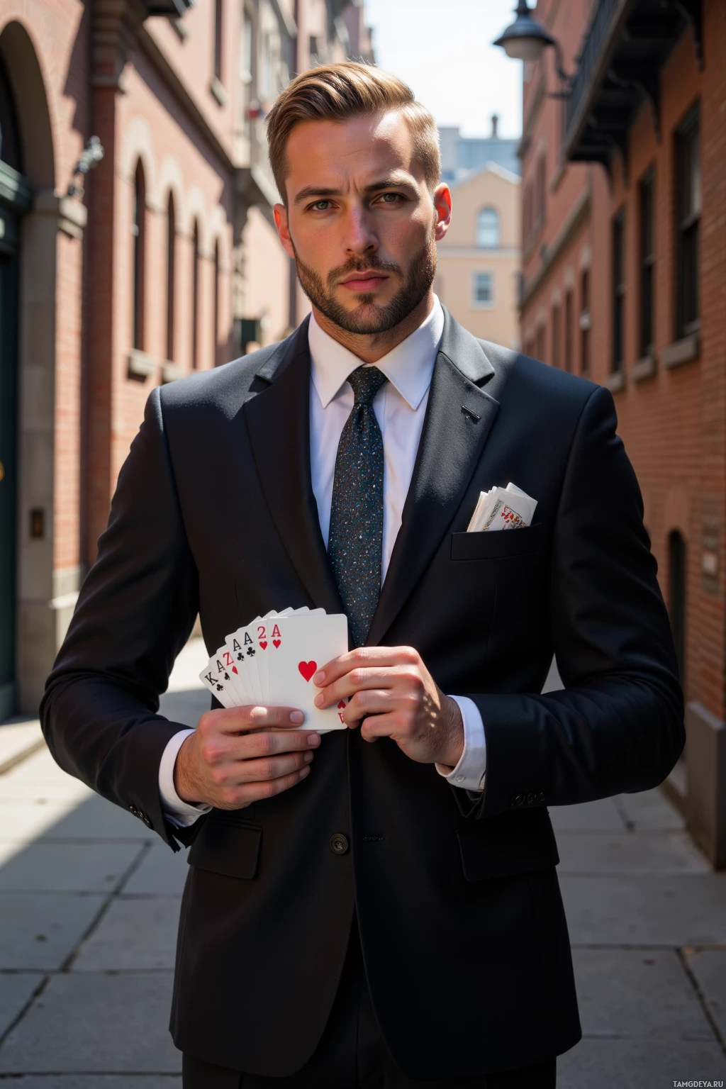 A man in a suit holds a fan of playing cards.