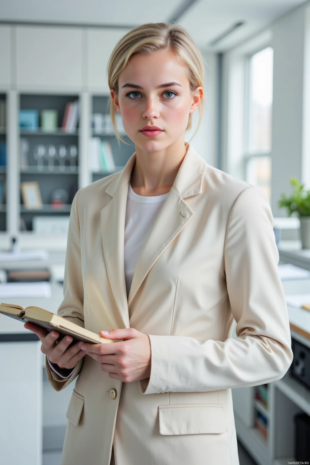 A woman in a beige blazer holds an open book in an office setting.
