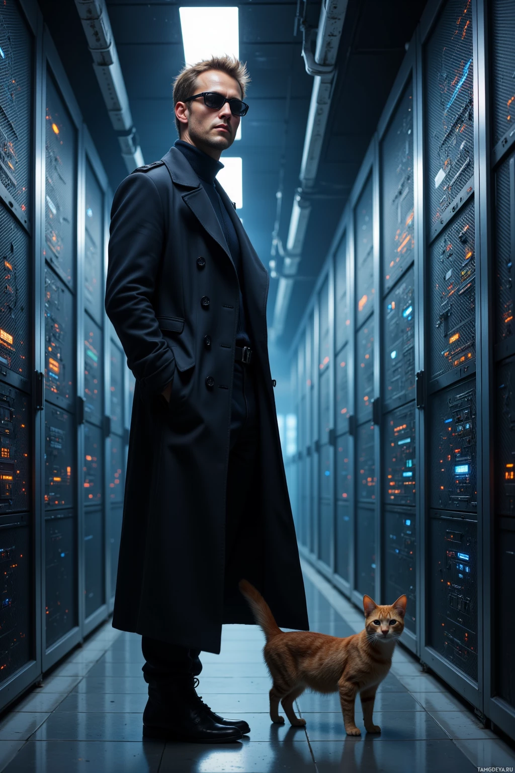 A man in a trench coat stands in a server room with a cat nearby.