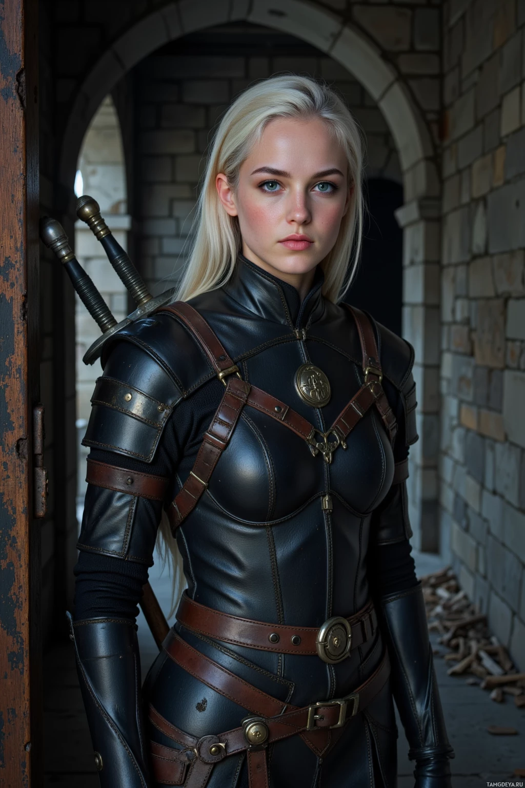 A person in a black leather outfit with brown straps and a sword on their back stands in a stone archway.