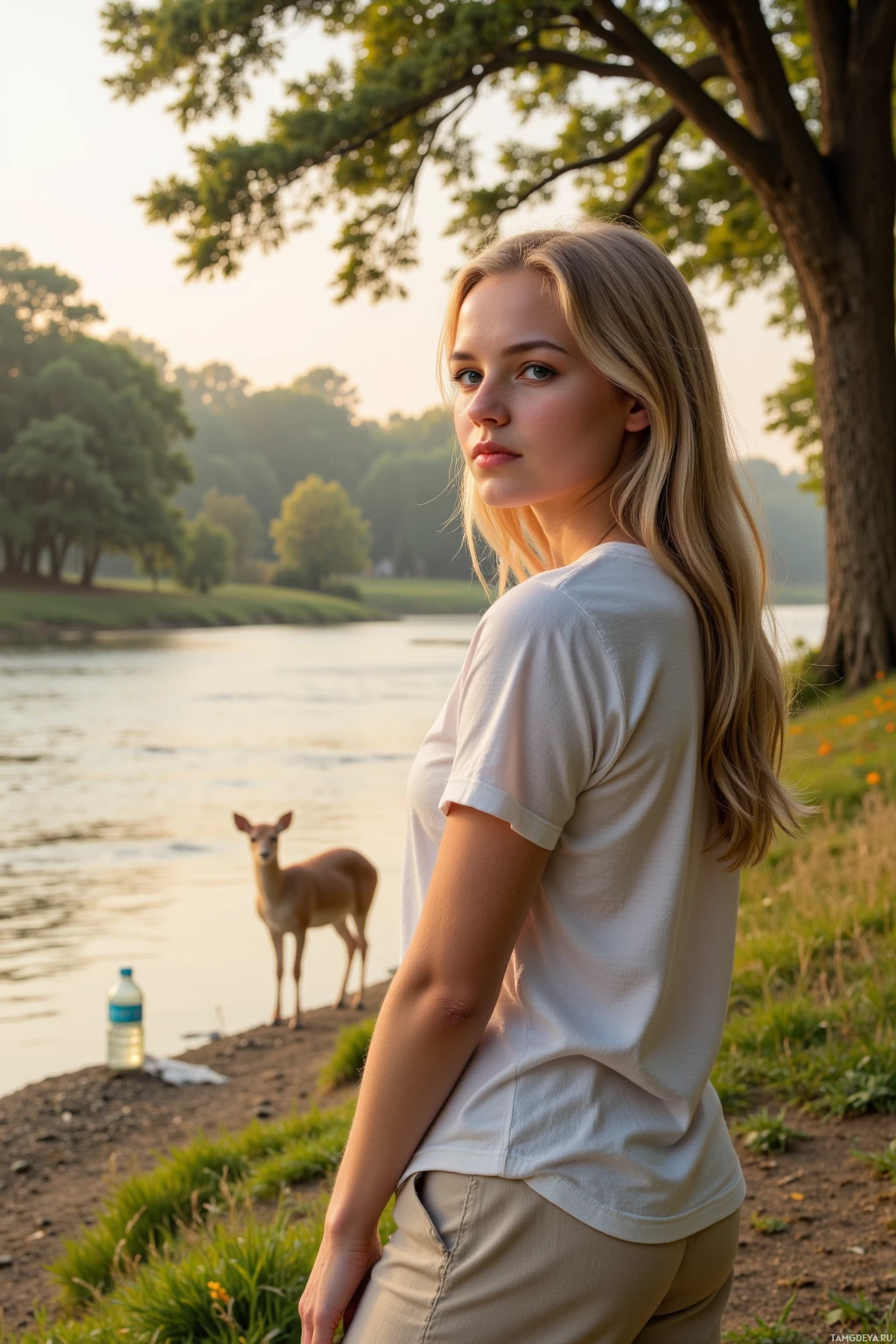 A woman stands near a riverbank with a deer in the background.
