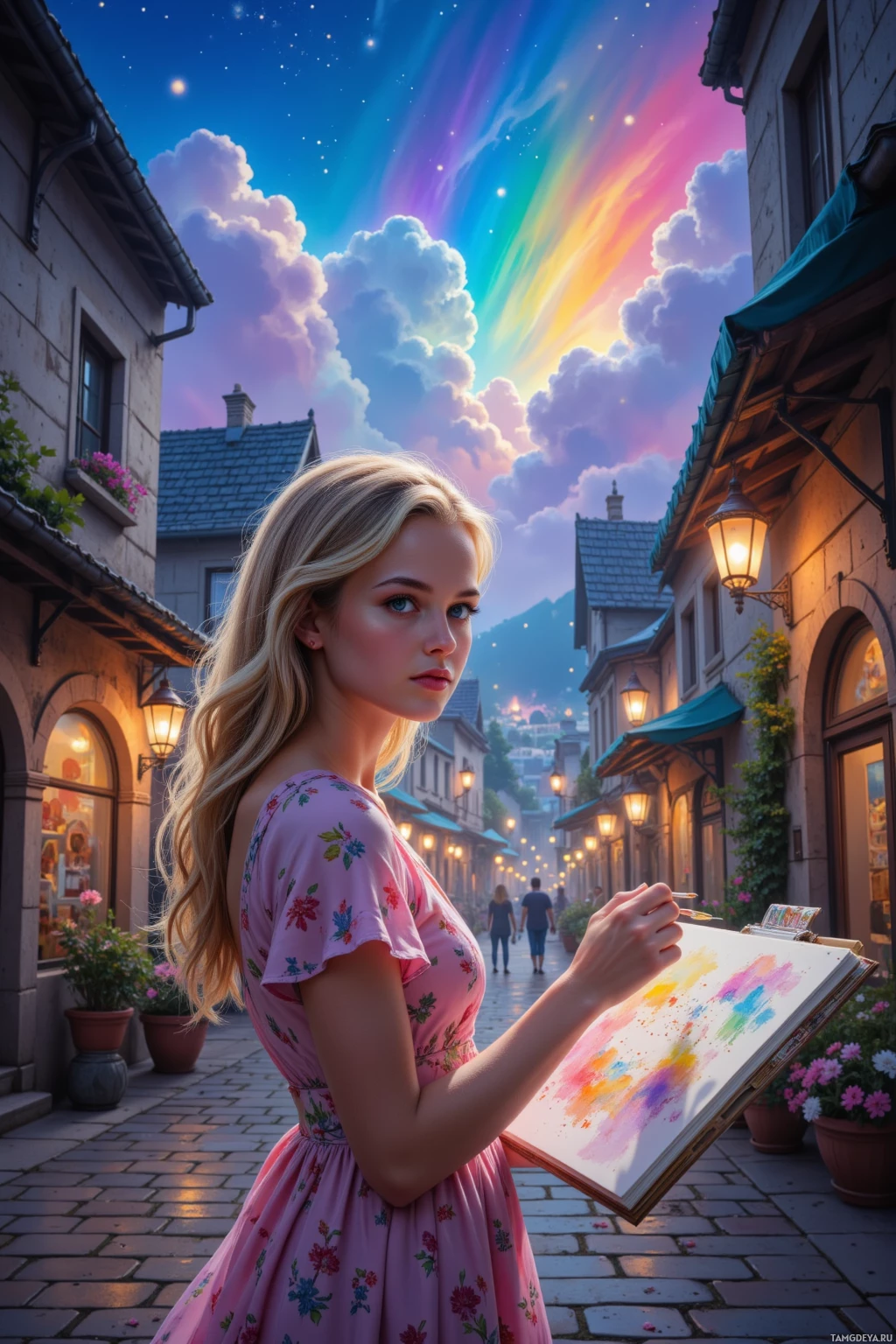 A woman in a pink floral dress paints a vibrant sky scene on a street lined with old buildings.