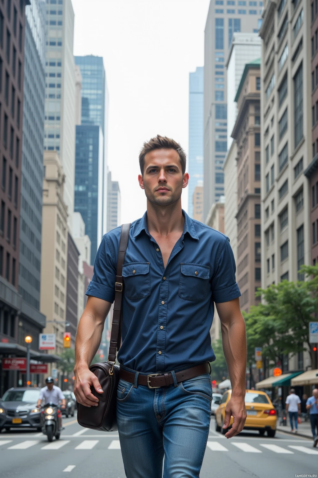 A man in a blue shirt and jeans walks down a city street.