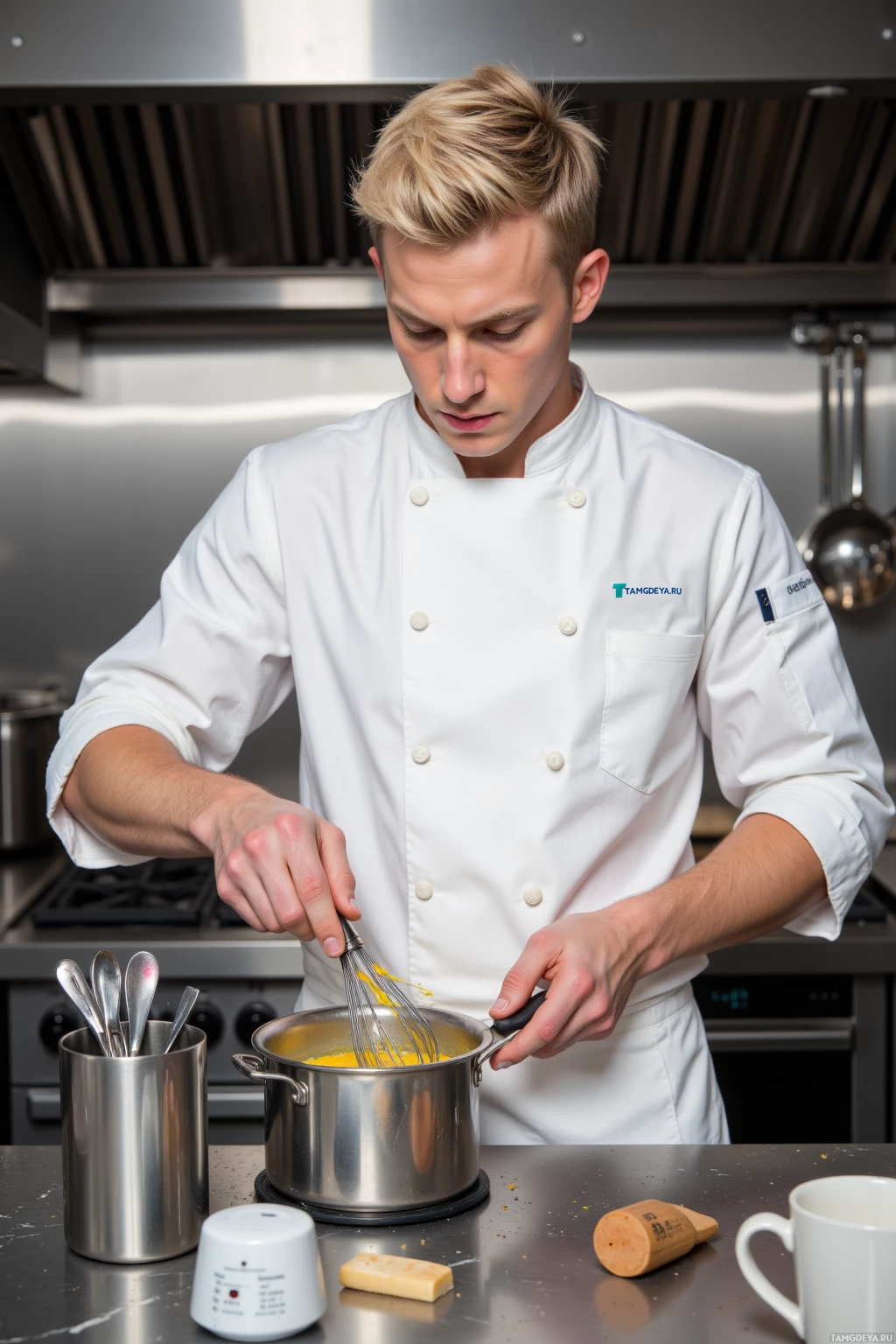 A chef in a white uniform is whisking ingredients in a pot in a professional kitchen.