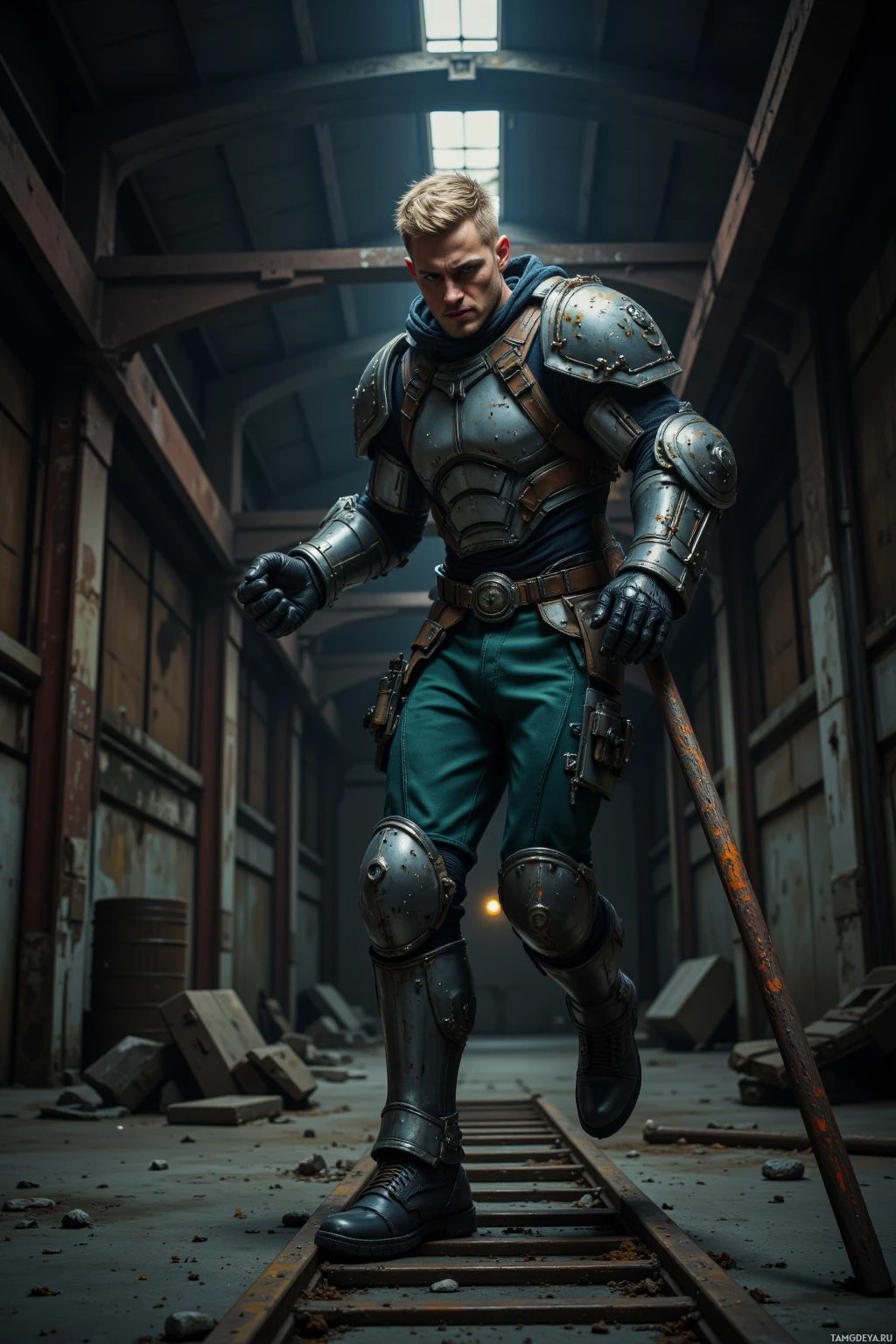 A rugged individual in armor stands in a dimly lit, dilapidated industrial setting.