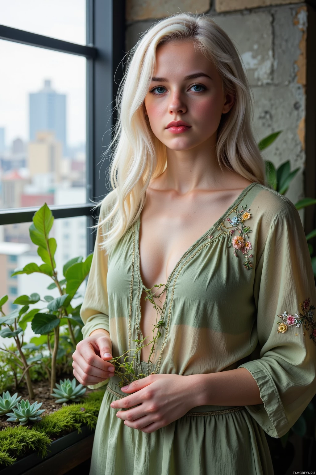 A woman in a green dress with floral embroidery stands near a window with a city view.
