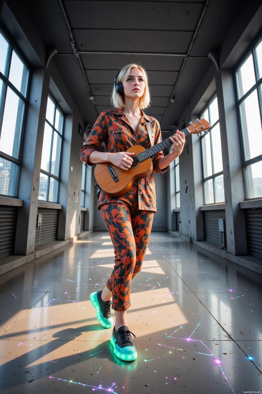 A person wearing headphones and a floral outfit plays a guitar in a spacious room with large windows.