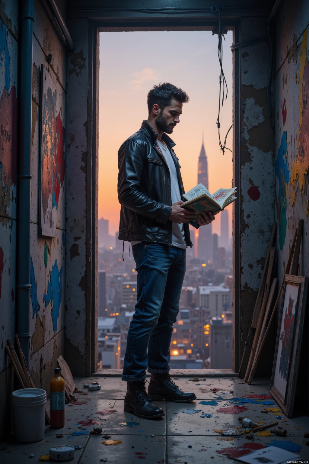 A man stands in a doorway, reading a book, with a cityscape and sunset in the background.