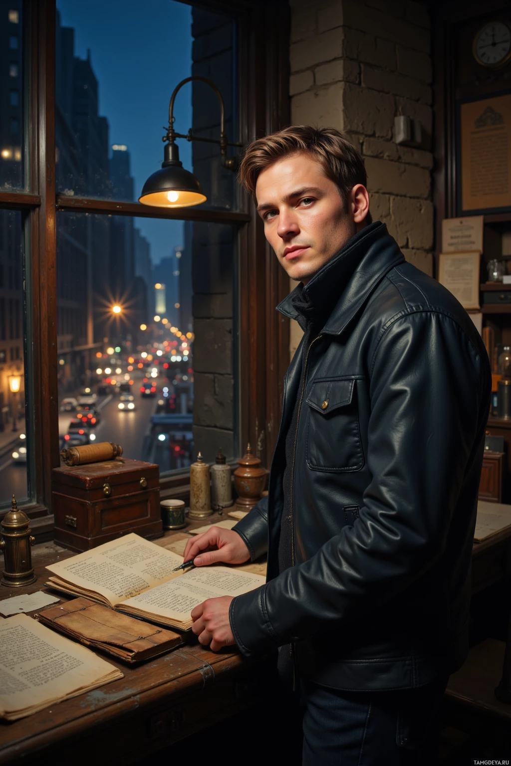 A man in a leather jacket stands by a desk with an open book, looking out a window at a cityscape at night.
