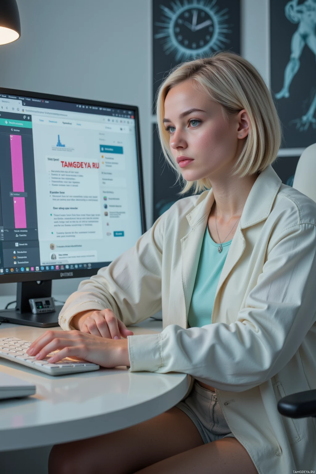 A person is seated at a desk, working on a computer.