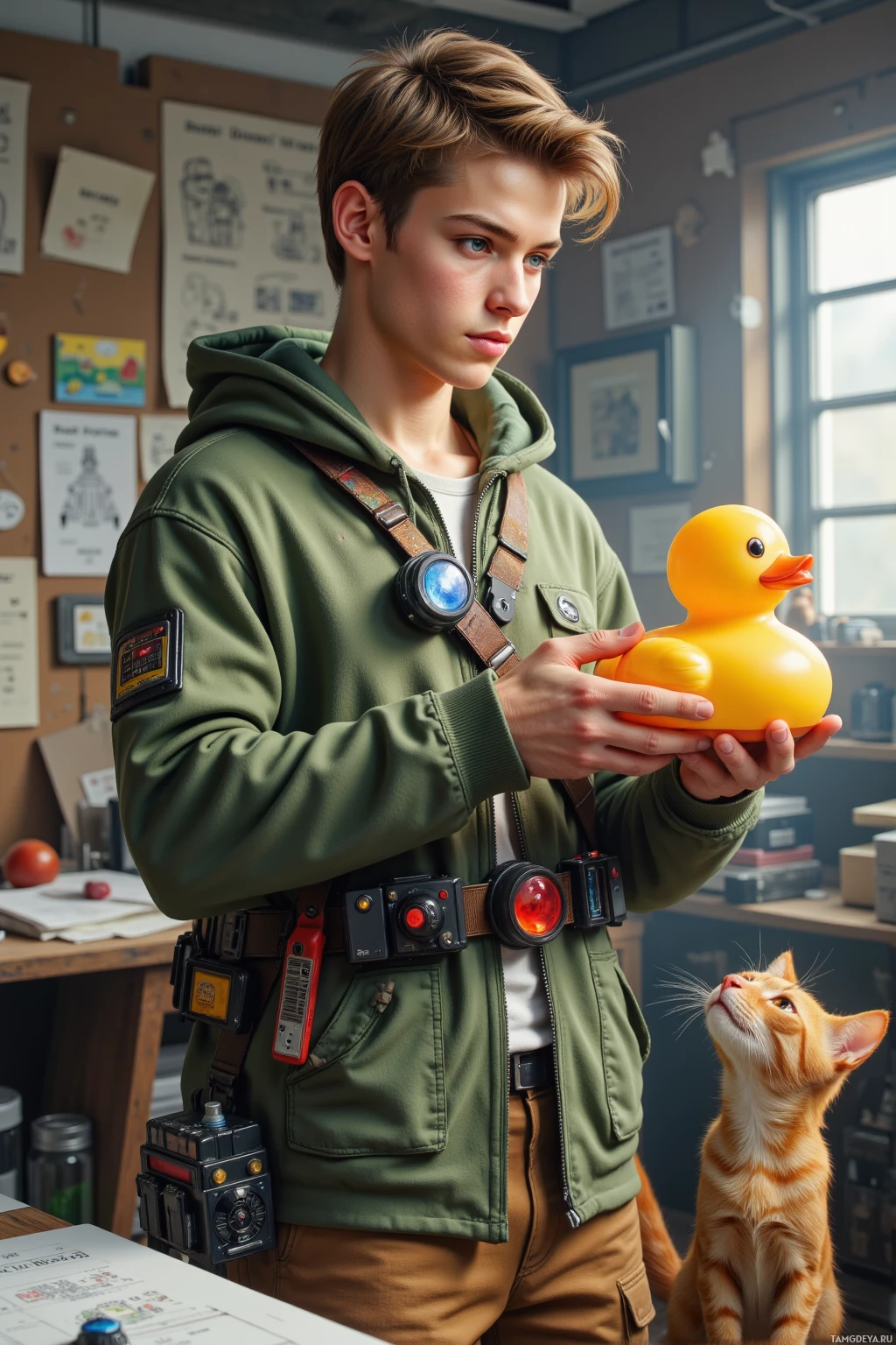 A person in a green jacket holds a yellow rubber duck and stands near a cat in a room with a bulletin board.