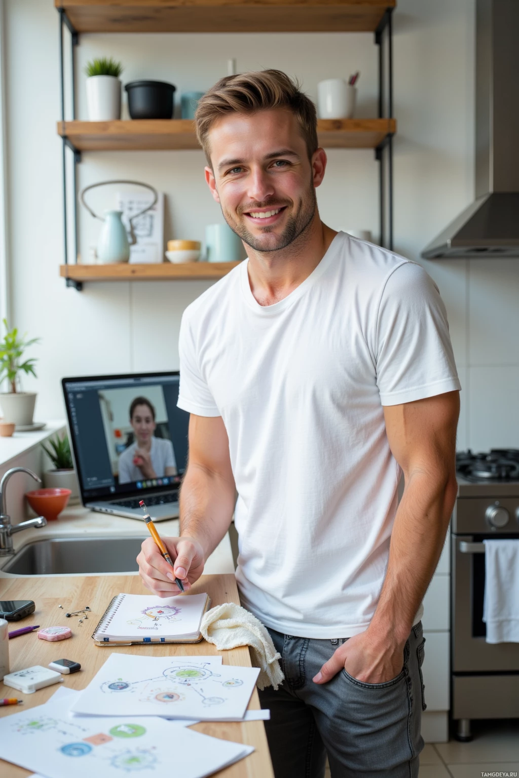 A man in a white t-shirt stands in a kitchen, smiling while holding a pencil and looking at a laptop screen.