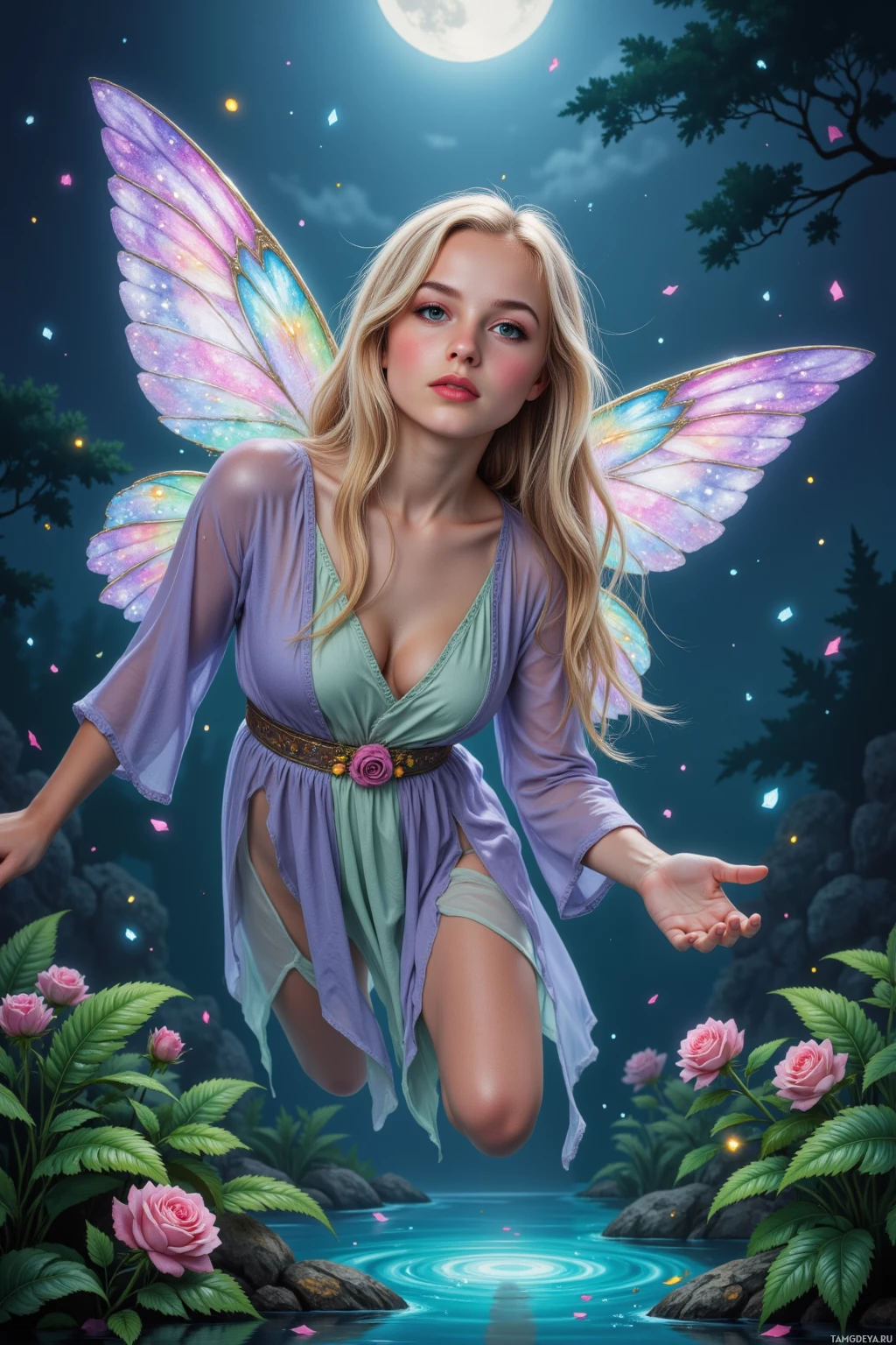 A fairy with colorful wings floats above a serene landscape with roses and a moonlit sky.