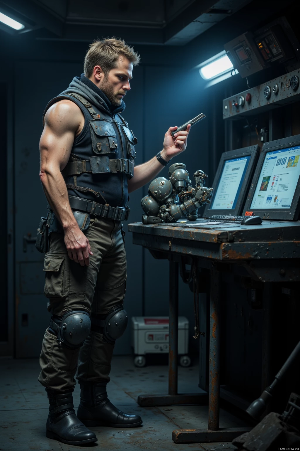 A muscular individual in tactical gear stands in a dimly lit industrial setting, holding a device.