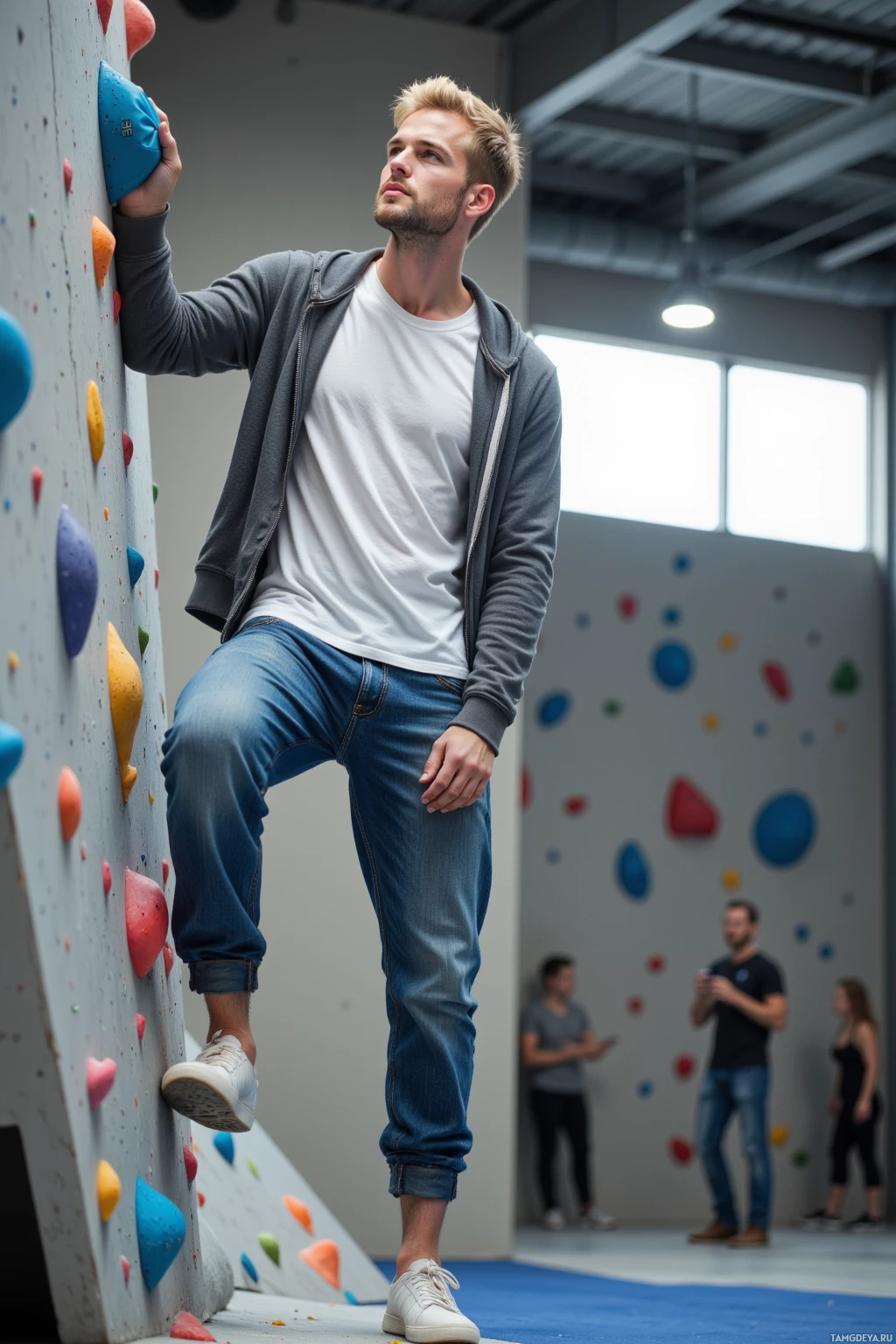 A man in casual attire is climbing an indoor rock wall.