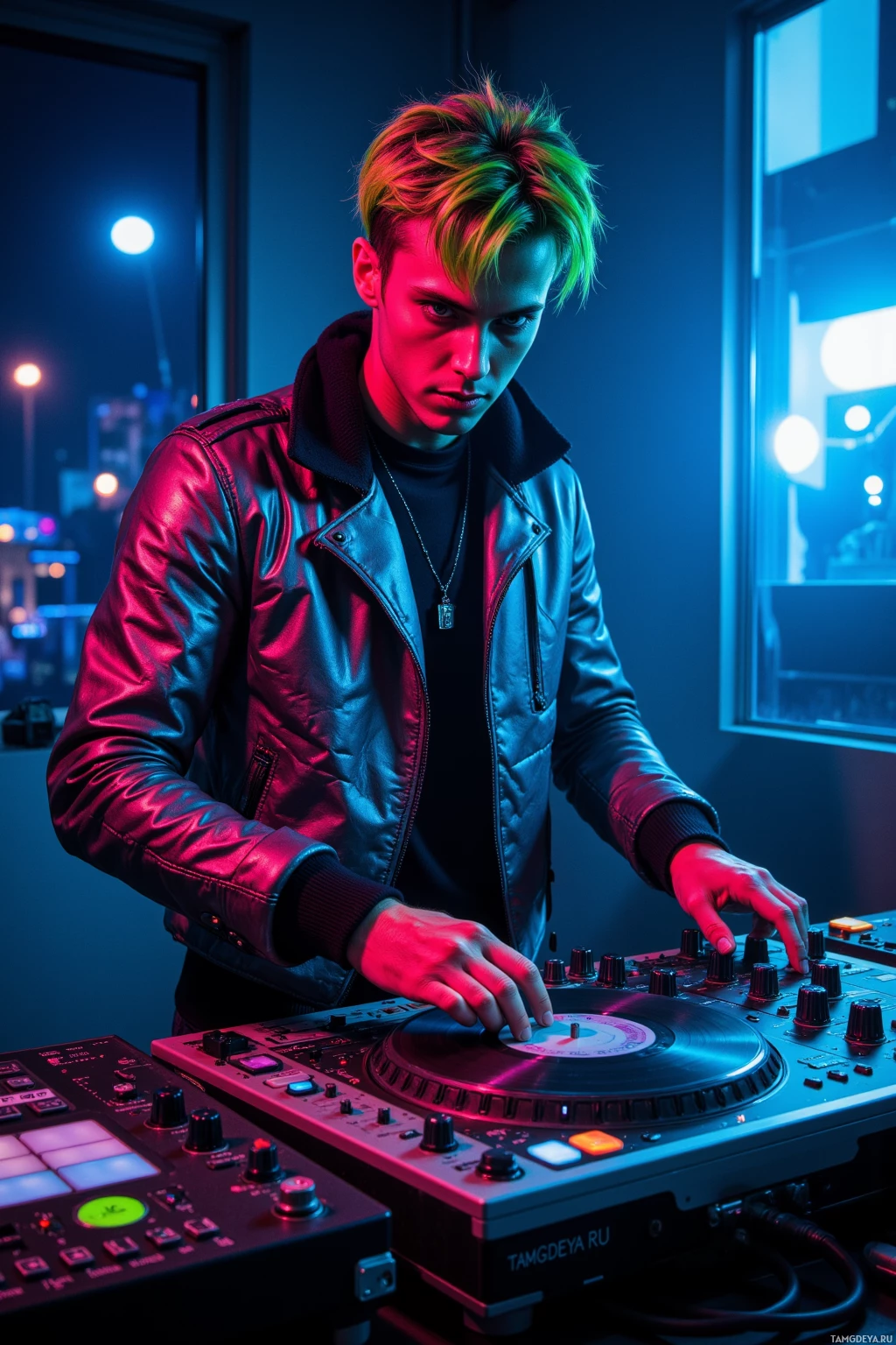 A person with colorful hair stands behind a DJ turntable in a dimly lit room with neon lighting.
