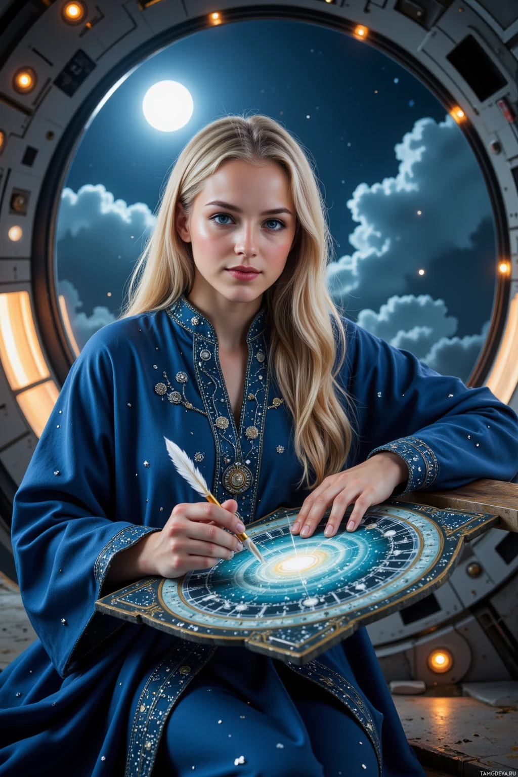 A woman in a blue robe sits at a table, holding a quill, with a celestial-themed backdrop.
