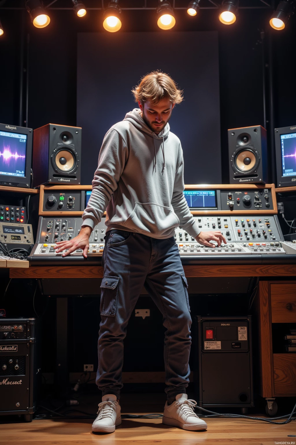 A person in a hoodie and cargo pants stands in a recording studio, adjusting equipment.