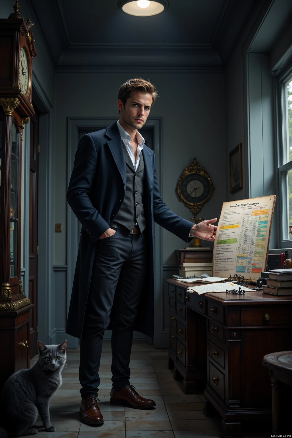 A man in a formal suit stands in a classic office with a cat nearby.