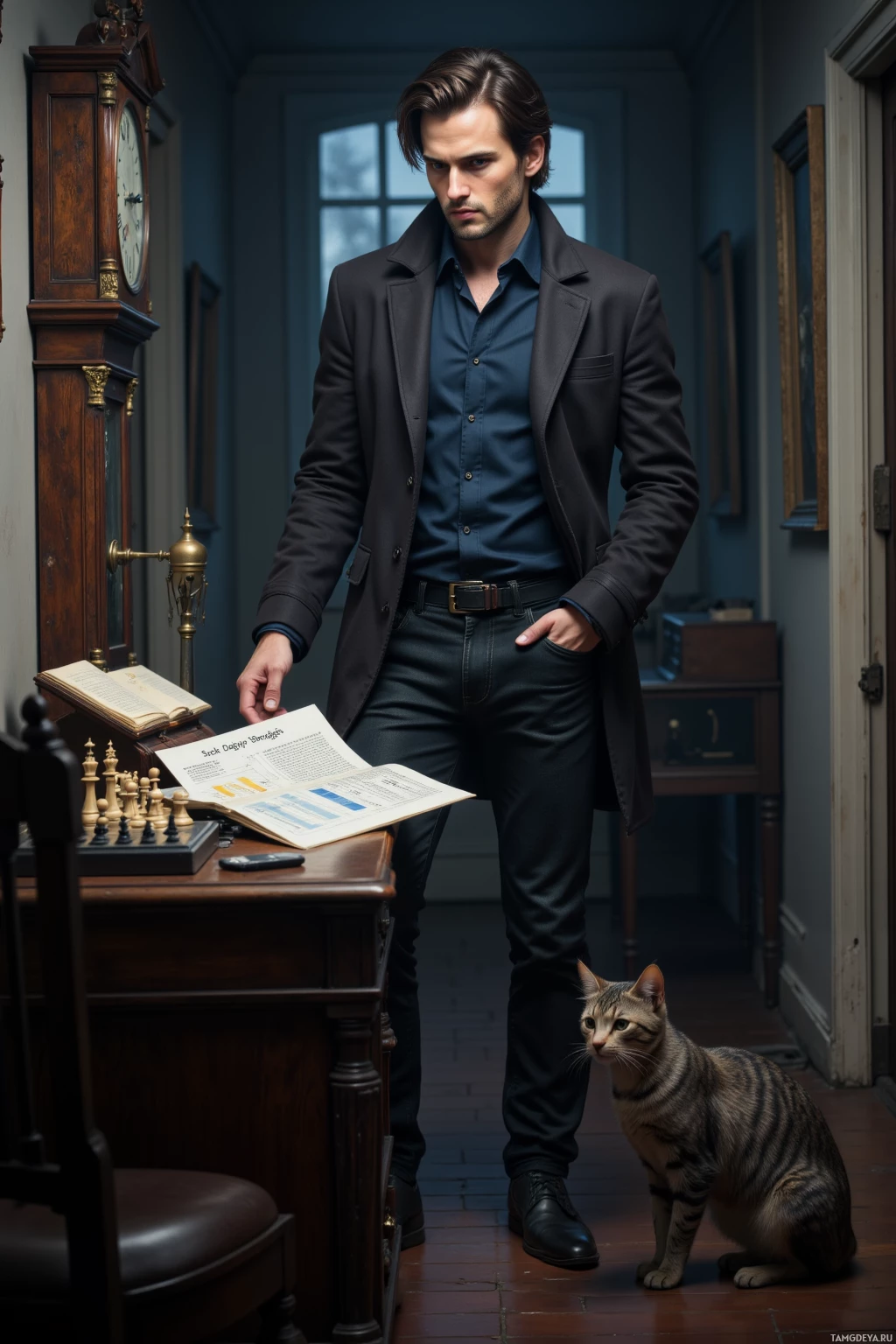 A man in a suit stands in a room with a cat, holding a book.