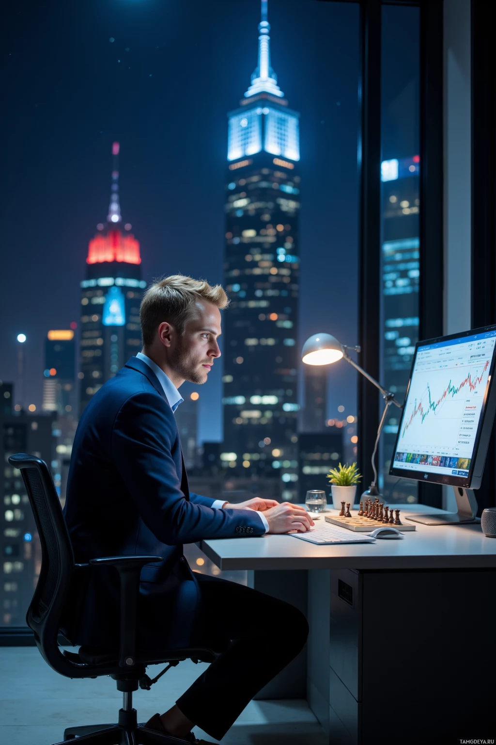 A man in a suit sits at a desk in a high-rise office, working on a computer with a cityscape view at night.