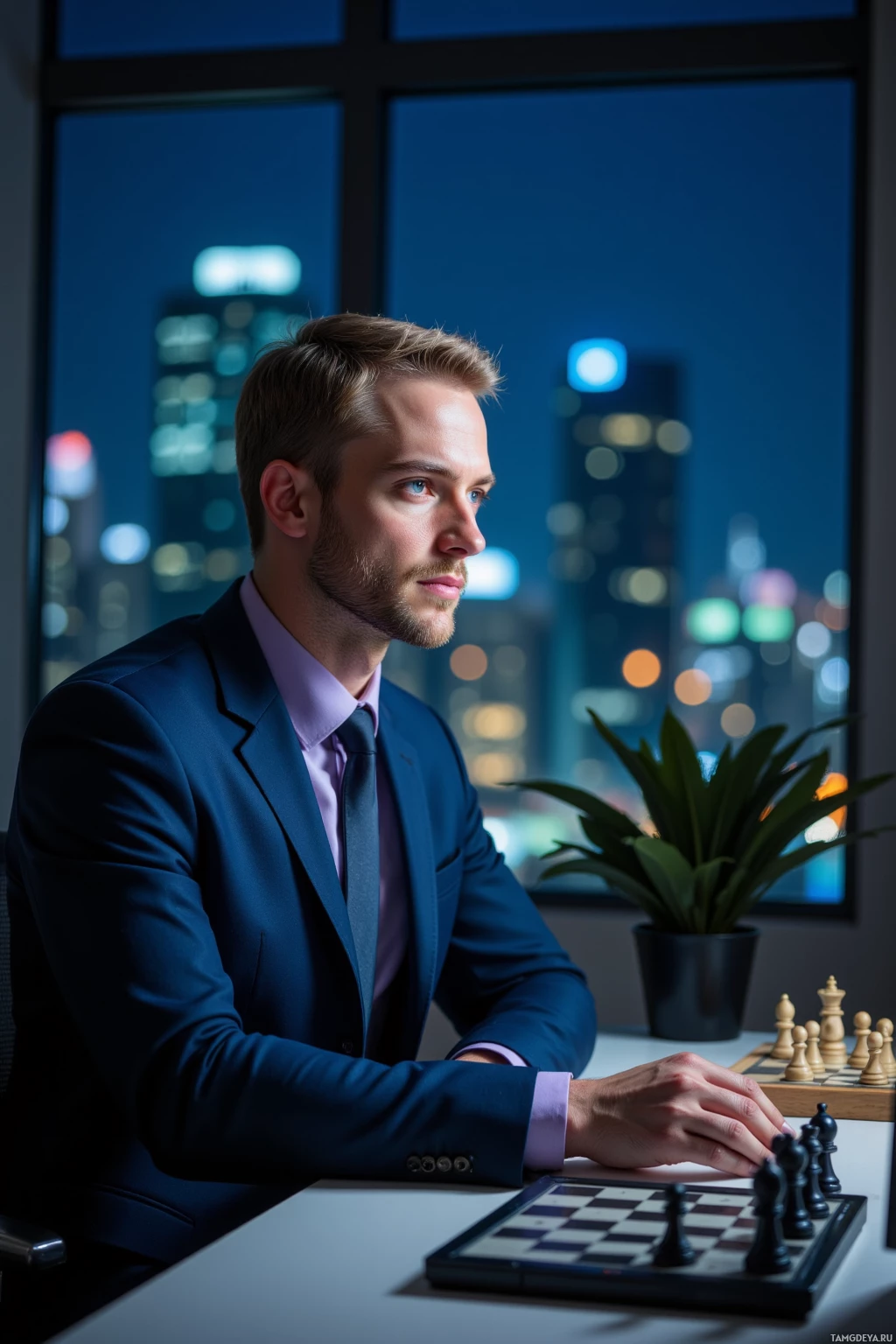 A man in a suit sits at a desk with a chessboard, gazing out a window at a cityscape at night.