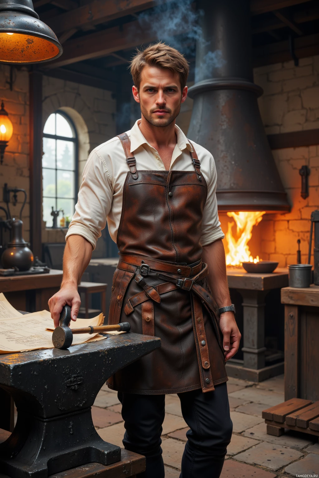 A man in a leather apron stands in a workshop, holding a hammer near an anvil.