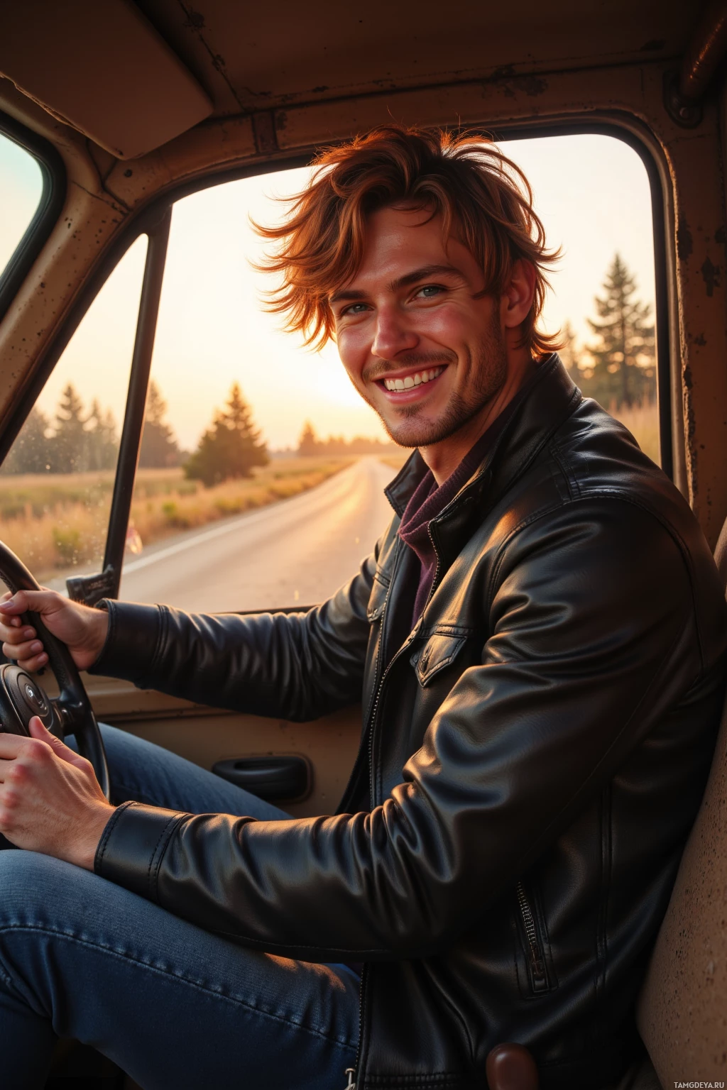 A man in a leather jacket drives a vehicle with a scenic sunset in the background.