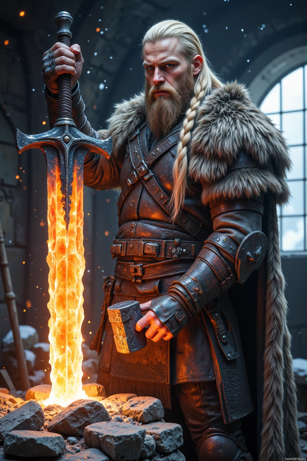A warrior in medieval armor holds a flaming sword and a hammer, standing in a forge.