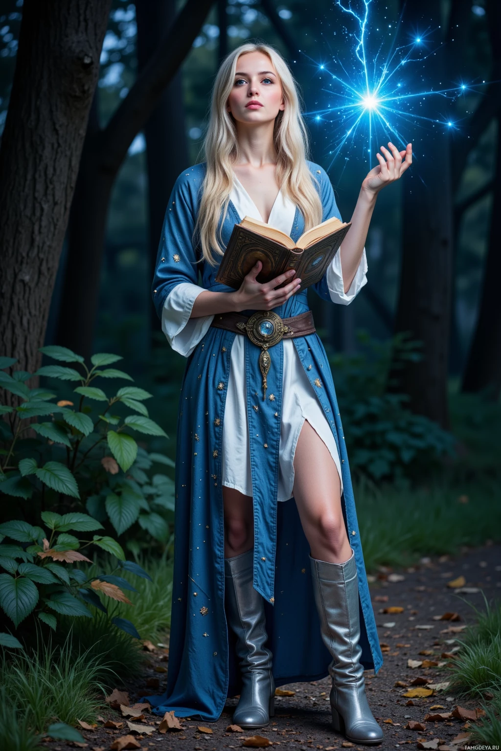 A woman in a blue robe stands in a forest, holding an open book with a glowing magical effect above her hand.
