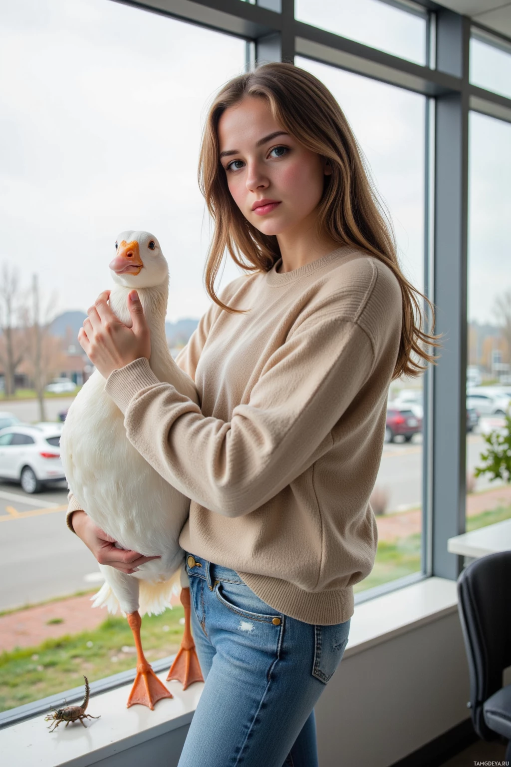 A person holds a white goose in a casual indoor setting.