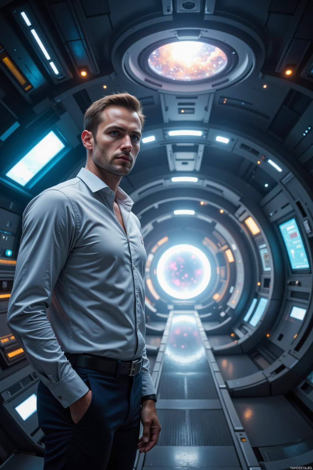 A man stands in a futuristic, high-tech corridor with a glowing circular portal in the background.