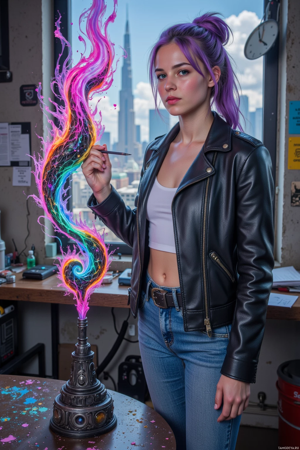 A person in a leather jacket stands in front of a desk with a colorful, abstract painting in motion.